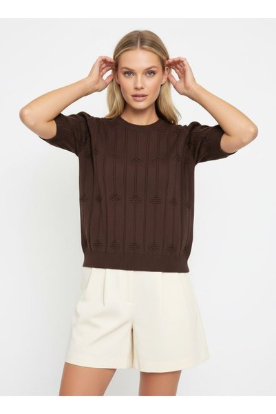 venezia giyim Women's Crew Neck Knit Detailed Short Sleeve Premium Knitwear Oversize Sweater// V12464