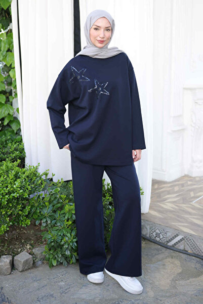 İmajButik Navy Blue Embroidered Tunic Pants Set