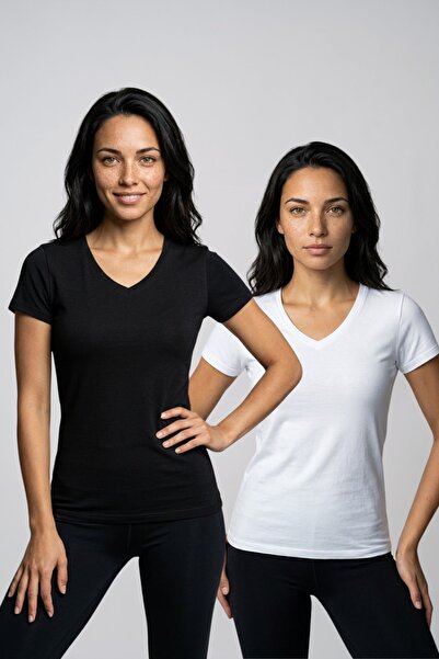fevien Women's 2-Pack V-Neck Short Sleeve Cotton Stretch Basic T-Shirt Set Ca...