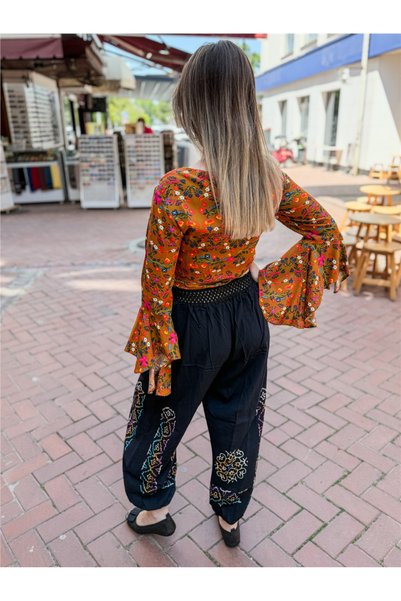 Miss Boheme Black Color Hand-Printed Diamond Patterned Bohemian Trousers