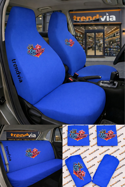 trivexa King & Queen Logo Car Seat Cover Front Rear Set – Combed Cotton Lycra...