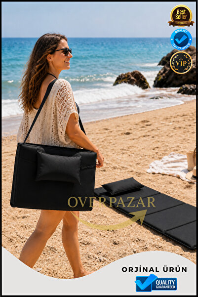 Overbazaar Katlanır Plaj Minderi Yastıklı Taşınabilir Şezlong Minderi Siyah K...