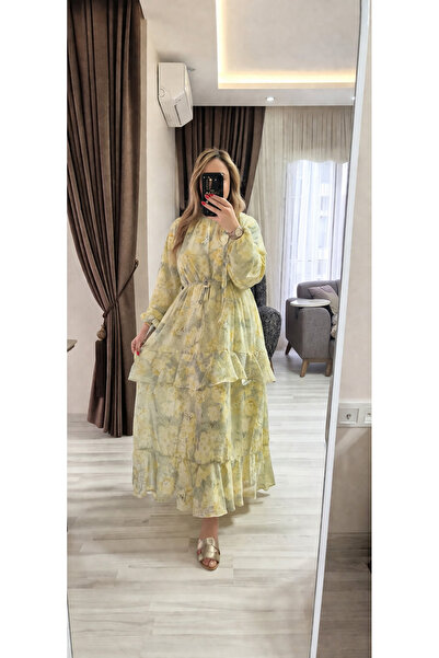 merve ada design Kadın Çiçek Desenli Şifon Astarlı Elbise
