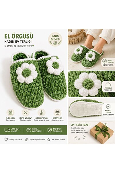 El örgüsü kadın kaymaz taban ev terliği