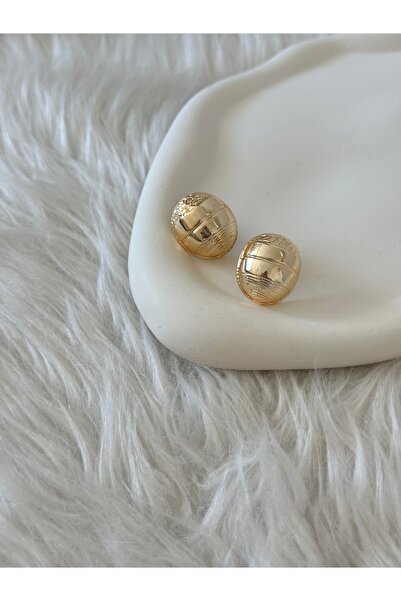 Dokulu Oval Form Gold Küpe