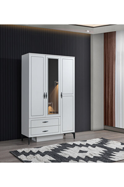 Erz Design Çizgi 3 Kapılı 2 Çekmeceli Gardırop Elbise Dolabı 120x47x200