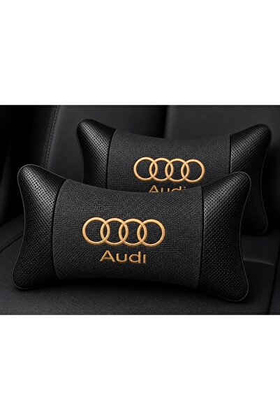 mutlu oto aksesuar Audi Logolu Boyun Yastığı 2’li Set Füme Keten Kumaş Nakışl...