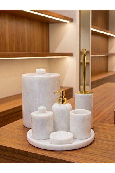 STONİST HOME DEKORASYON 7 Lİ BEYAZ MERMER BANYO SETİ MERMER KULPLU
