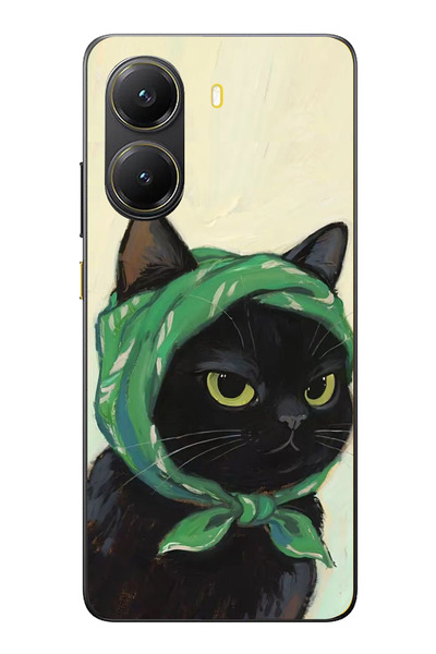 TechTree POCO X7 PRO Uyumlu Babushka Yeşil Başörtülü Siyah Kedi Baskılı Silik...
