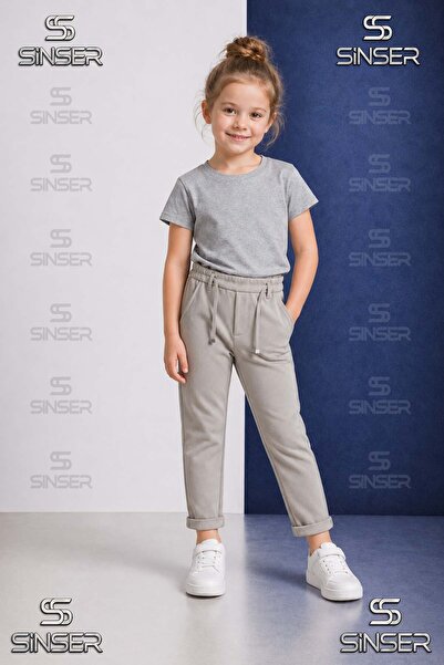 SS SİNSER Pantaloni uni pentru fete, cu talie elastică, stil Lycra cu tiv pli...