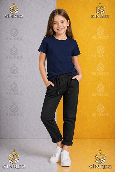 SİNREZ Girls' Plain Trousers 6.Mdl Elastic Waist Lycra Folded Hem Style