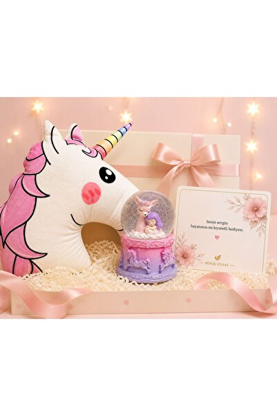 by rk tasarım Unicorn Yastık & Işıklı Kar Küresi Hediye Seti – Kız Çocukların...