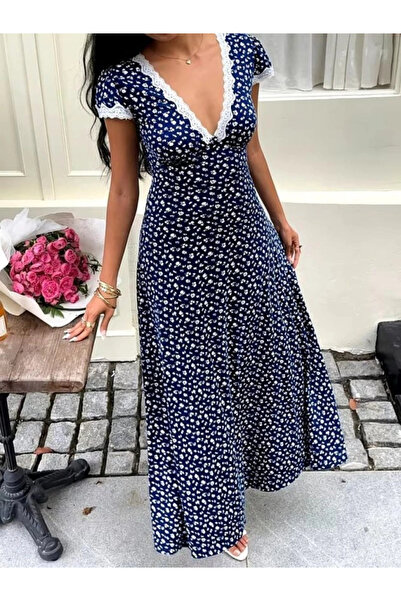 Butik Kadın Kısa Kollu Derin V Yakalı Dantel Detaylı çiçek Desenli Uzun Süpre...