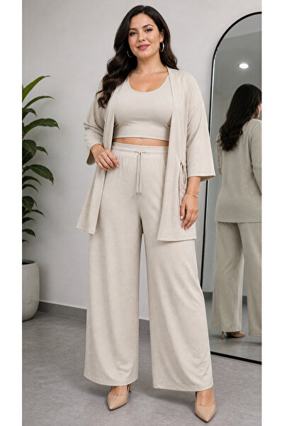 ayz collection Modal Kumaş Büyük Beden Yüksek Bel Taşlı Bol Paça Pantolon