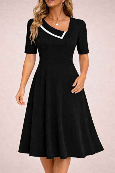 Efnaz style Women's Short Sleeve Asymmetrical Collar Detailed Midi Janjan Cre...