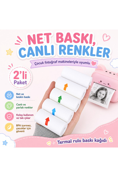 Çocuk Fotoğraf Makinesi Uyumlu Renkli Termal Rulo Baskı Kağıdı 2’li Paket