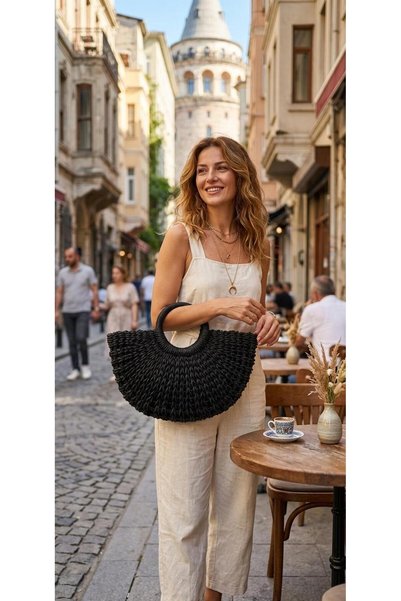 VİENCA Black Straw Round Handle Detailed Half Moon Beach and Daily Handbag