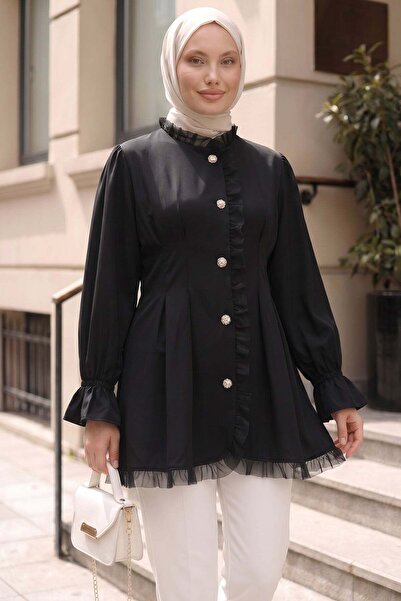 Salih Çelebi Tulle Detailed Tunic Y0078 - Black