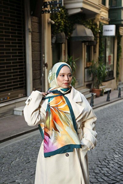 ENRİCO FERRİ Amore Leaf Pattern Shawl - Petrol Green-Butter Yellow
