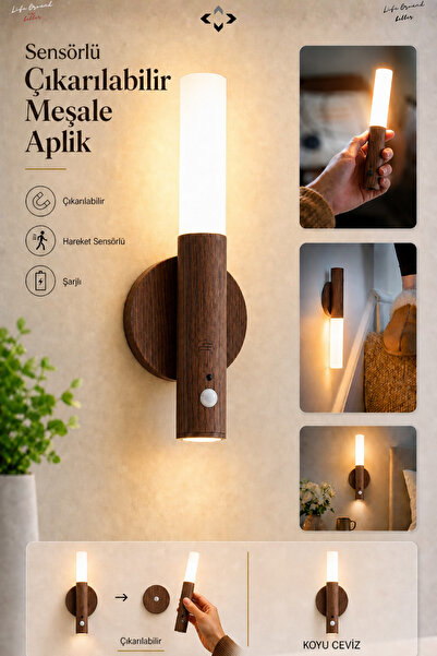 LİGROUND Sensörlü Çıkarılabilir Meşale Aplik Şarjlı LED Kablosuz Duvar Apliği...