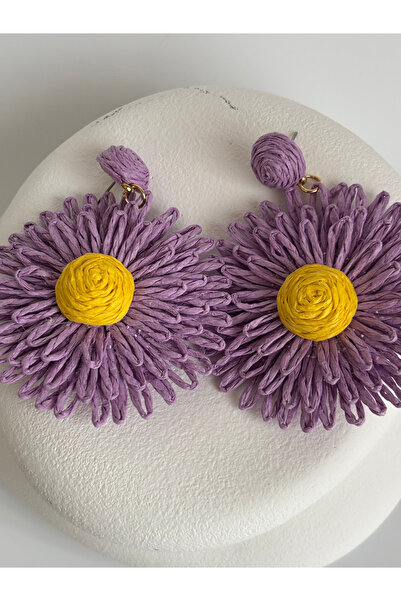BHR AKSESUAR Mor Sarı Çiçek Hasır Küpe (7 cm)