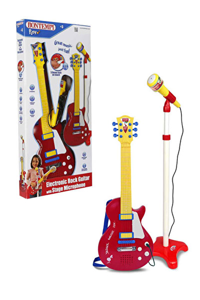 Bontempi Ayaklı Mikrofonlu Kırmızı Elektronik Çocuk Rock Gitarı 5 Ritimli Tel...