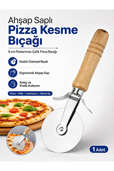 PooleMark Ahşap Saplı Paslanmaz Çelik Pizza Kesici Pizza Kesme Bıçağı 9 Cm