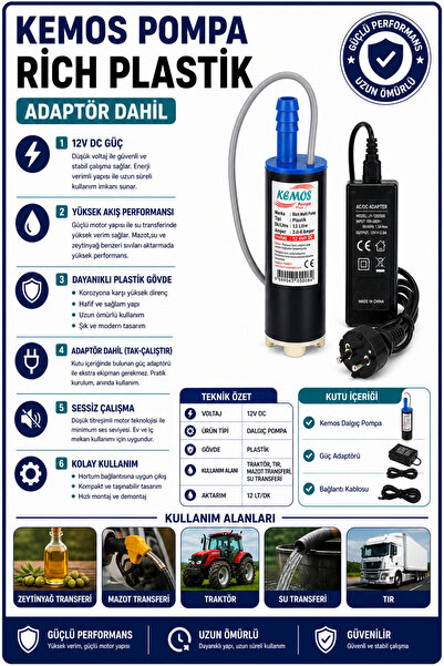 Kemos 220-12 Volt Rich plastik Dalgıç Adaptörlü Mazot Aktarma(SIVI TRANSFER) ...