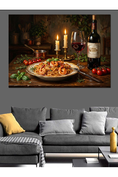 Artmeg Pânză decorativă cu vin și paste în sosuri abundențe - Masă din lemn MDF
