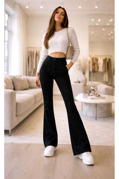Trn JNS Palmera Siyah Ispanyol Paça Likralı Flare Jeans Kot Pantolon