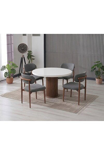 JoyMassa LİNA BOHEM 90x90 BEYAZ/AHŞAP YUVARLAK MASA & 4 POLO SANDALYE SETİ