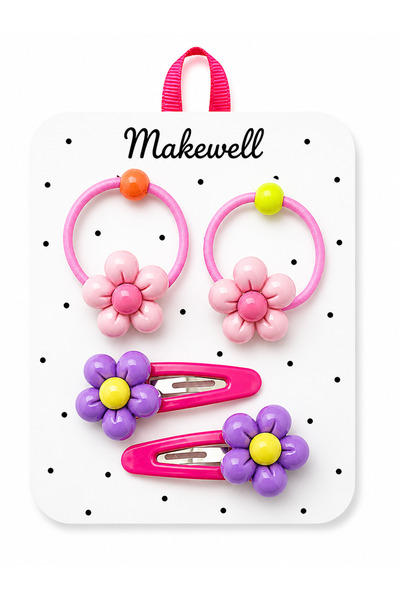MakeWell Set of 4 Flower and Cherry Figured Hair Clips for Girls – Rubber Hai...