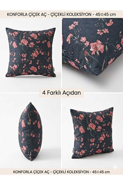 KIRLENT TEKSTİL Botanika Serisi İndigo Gül Dekoratif Kırlent 45x 45 cm