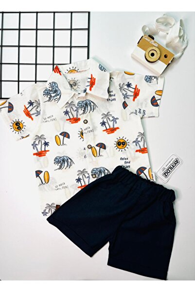 cacobutik Boy's Hawaiian Linen Shirt Shorts Set Navy Blue