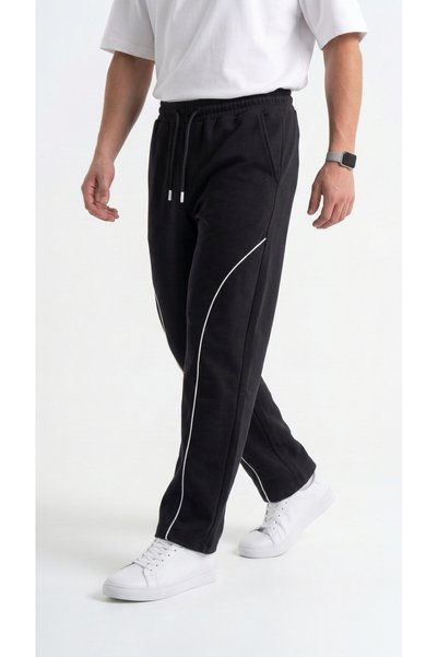 MODENZO Men's Black Color Wide Leg Baggy Sweatpants with Front Piping and Back Pocket Detail