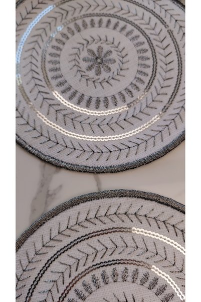 NESTURE Silver Sequin and Embroidered Linen Cocktail Presentation Napkins, Pack of 2 | Authentic Mandala Series Luna–Double Stamp