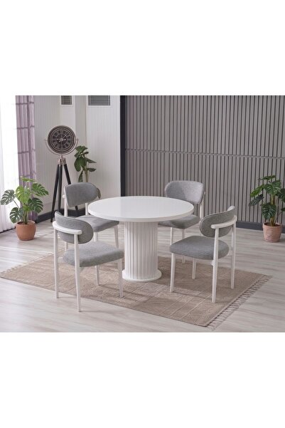JoyMassa LİNA BOHEM 90x90 BEYAZ YUVARLAK MASA & 4 POLO SANDALYE SETİ
