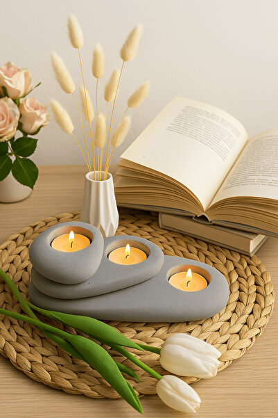 Elora dekorasyon 3'lü Tealight mumluk taş görünüm set doğal ve doğal ve dekor...