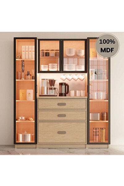 comiet Karanfil Mdf Kahve Köşesi Dolabı 4 kapak Çekmeceli Işıklı