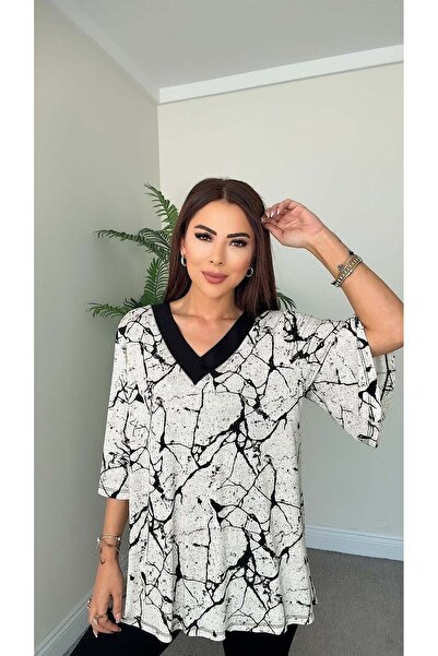 DİDEM GÜLTAKTI Bluză de damă Flavia cu decolteu în V și imprimeu marmorat