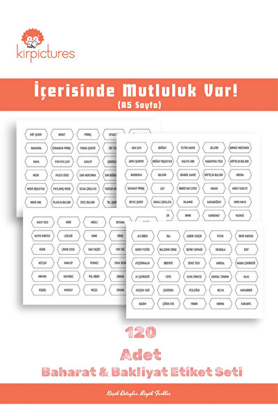 Kirpictures 120 Adet Premium Mat Kuşe +Siyah Baskı Baharat & Bakliyat Etiket ...