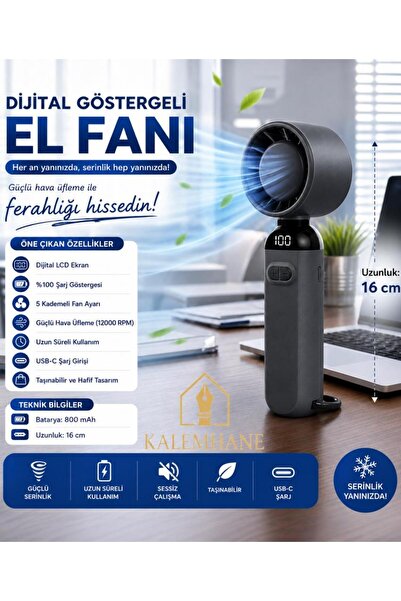 kalemhane Dijital Göstergeli 5 Kademeli Hareketli Başlık El Fanı Füme