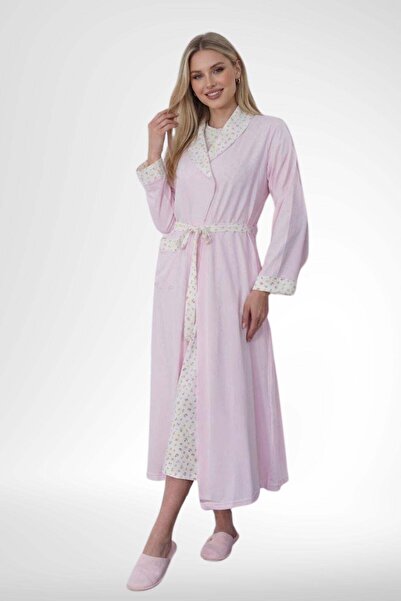 Mecit Pijama Mecit 6382 Pink Women's Long Robe Long Sleeve Nightgown Set