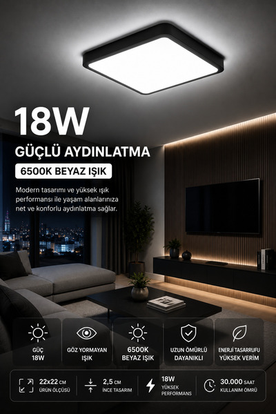 luxshome 18W Led Panel Avize Kare Siyah 6500K Beyaz Işık Tavana Sıfır Modern ...