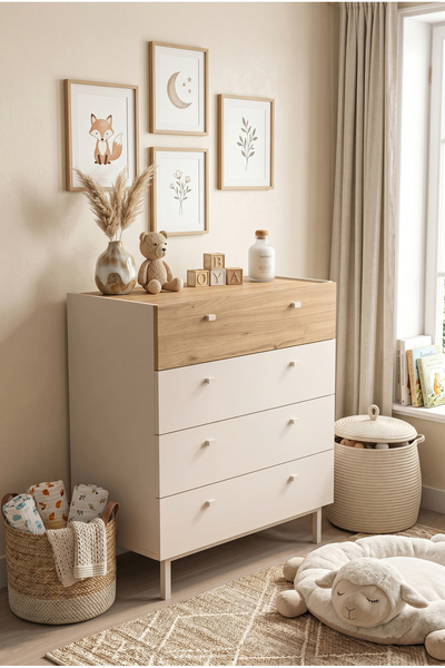Robin Home Bebek Odası Çocuk Odası Geniş Şifonyer 4 Çekmeceli Ahşap Ayaklı