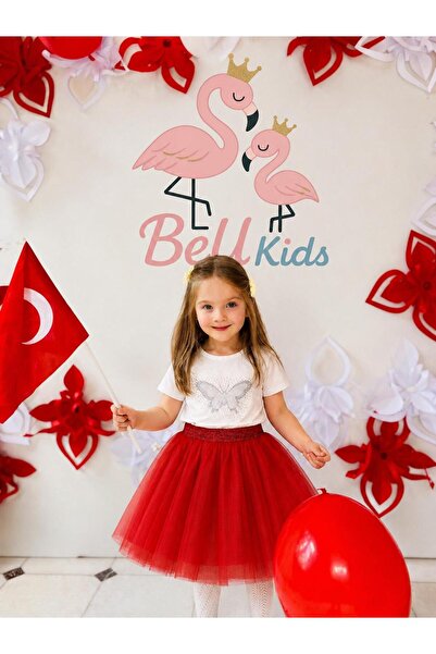 BeU Kids Kız Çocuk Kırmızı & Beyaz Tütü Etek Simli Lastikli Bel 4 Katman Tüll...