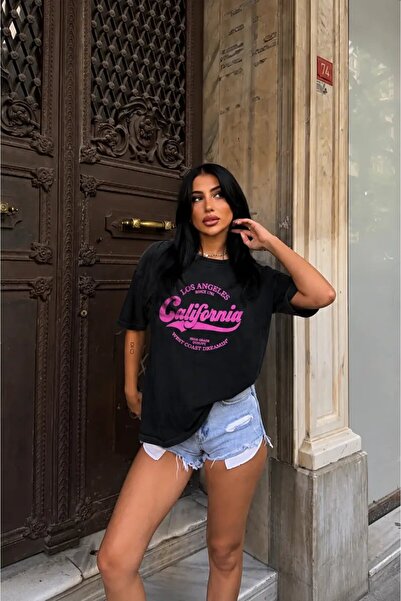 Cool & Sexy Siyah California Baskılı Oversize Kadın T-Shirt
