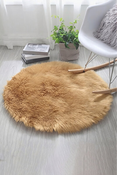 FeelHome Puffy Yumuşacık Kuzu Post Yuvarlak Kaymaz Taban Kürk Halı Makinede Y...