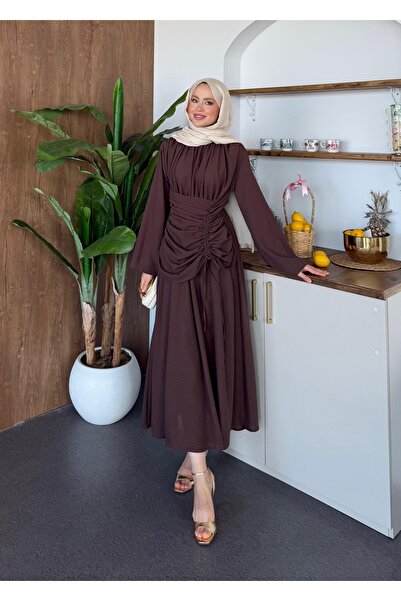 Adalenna Moda Yandan Büzgülü Ham Keten Elbise