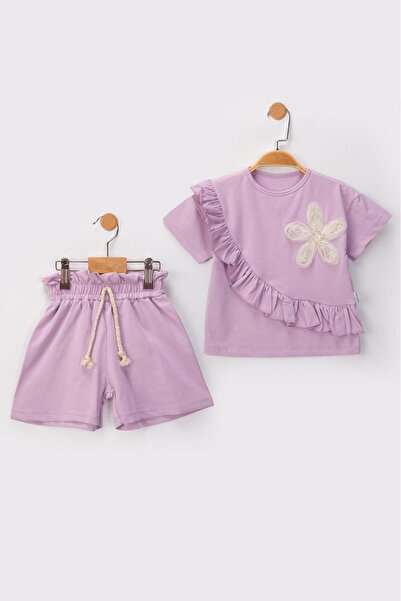 baby flamindo Summer Ruffled Pearl Tulle Flower Shorts Set for Girls